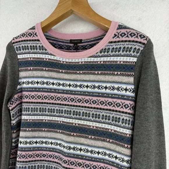Talbots Women’s Lambswool Blend Fair Isle Sweater Size M Gray Pink Crew Neck - Picture 3 of 7